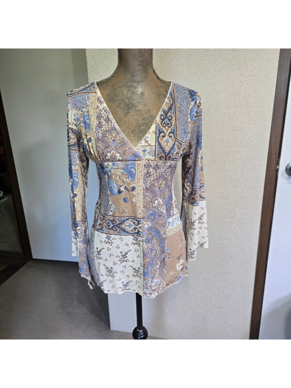 Vintage Y2K M Long Sleeve Boho Top Brown/Blue Fairy Festival Babydoll Empire